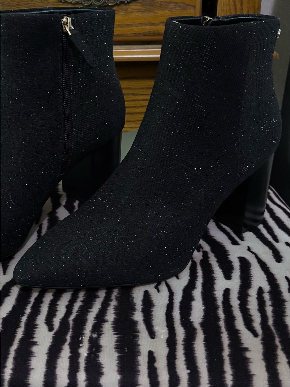 kate spade Black Sparkle Pointed Toe Booties with Gold Zipper